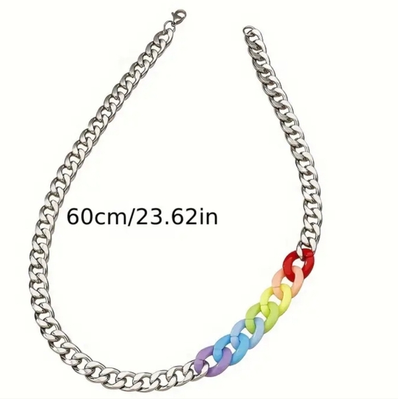 New! MEN'S LBGTQ+ Titanium Steel & Resin Rainbow Curb Link Necklace. - Picture 2 of 3
